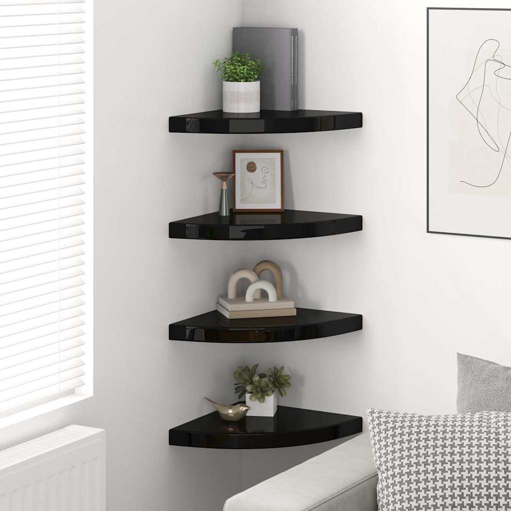 4 db magasfényű fekete MDF lebegő sarokpolc 35 x 35 x 3,8 cm