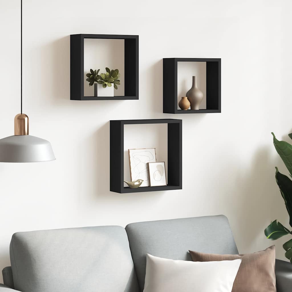 3 db fekete MDF fali kockapolc
