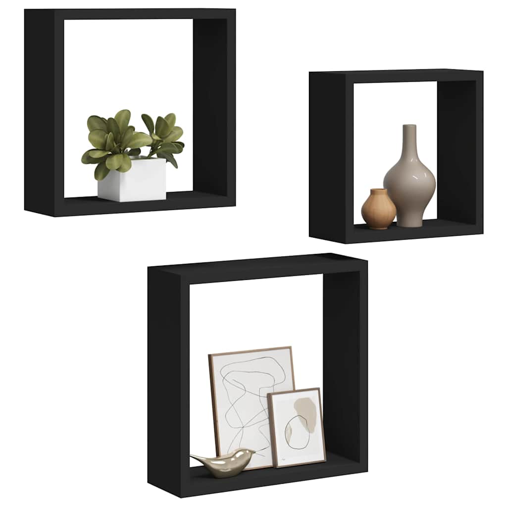 3 db fekete MDF fali kockapolc