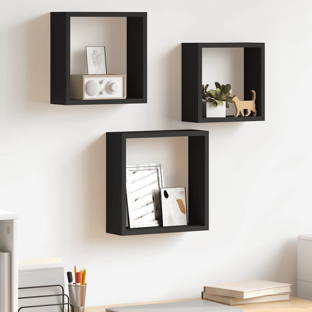 3 db fekete MDF fali kockapolc