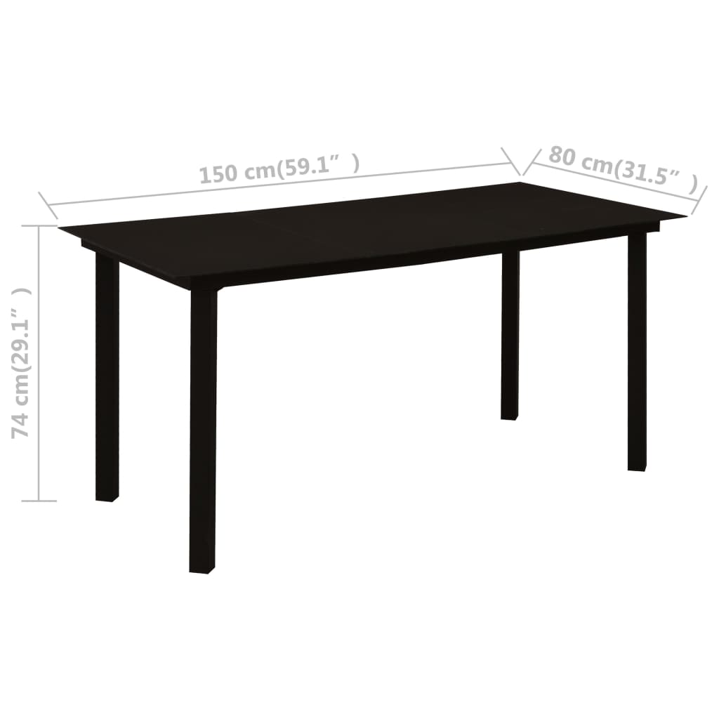 fekete acél és üveg kerti étkezőasztal 150 x 80 x 74 cm