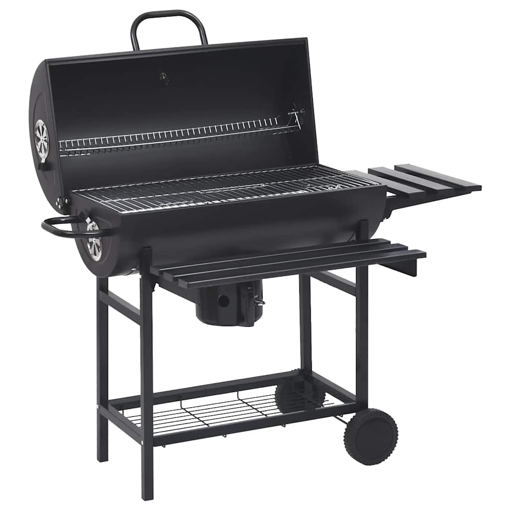 fekete acél hengeres grillsütő kerékkel és polccal 115x85x95 cm