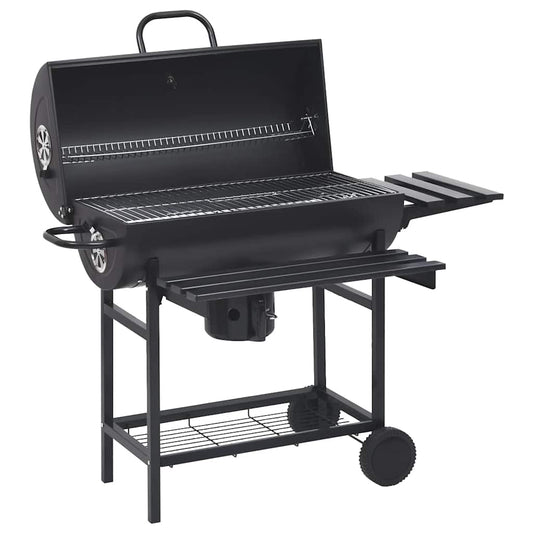 fekete acél hengeres grillsütő kerékkel és polccal 115x85x95 cm
