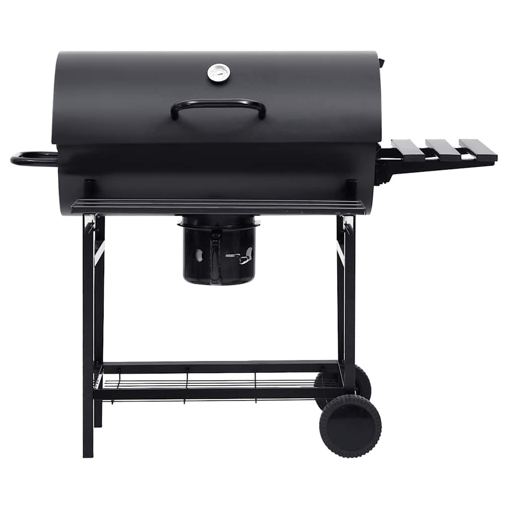 fekete acél hengeres grillsütő kerékkel és polccal 115x85x95 cm