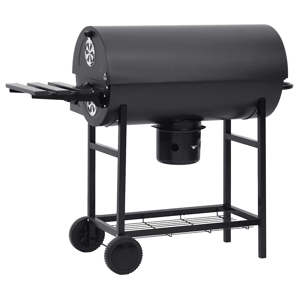 fekete acél hengeres grillsütő kerékkel és polccal 115x85x95 cm
