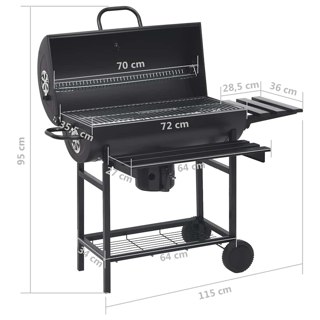 fekete acél hengeres grillsütő kerékkel és polccal 115x85x95 cm