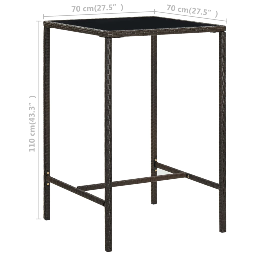 barna polyrattan és üveg kerti bárasztal 70 x 70 x 110 cm