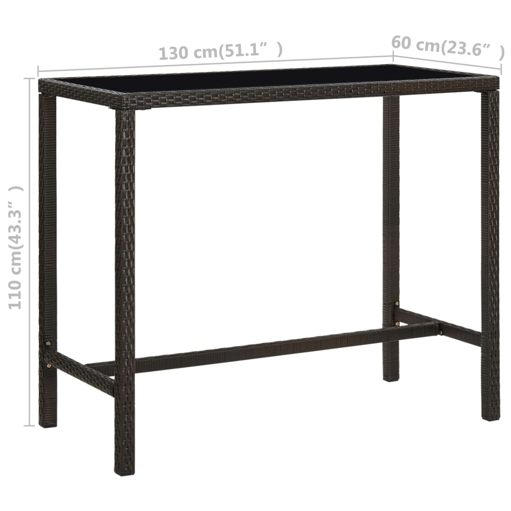 barna polyrattan és üveg kerti bárasztal 130 x 60 x 110 cm