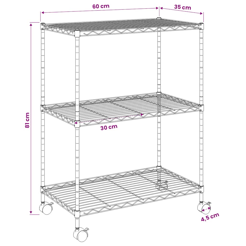 3 szintes króm tárolóállvány kerekekkel 150 kg 60 x 35 x 81 cm