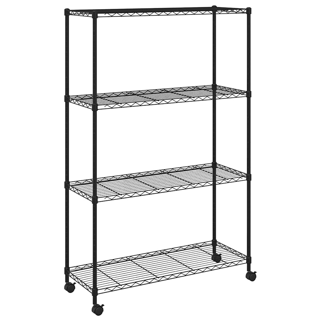 4 szintes fekete tárolópolc kerekekkel 90 x 35 x 142 cm 200 kg