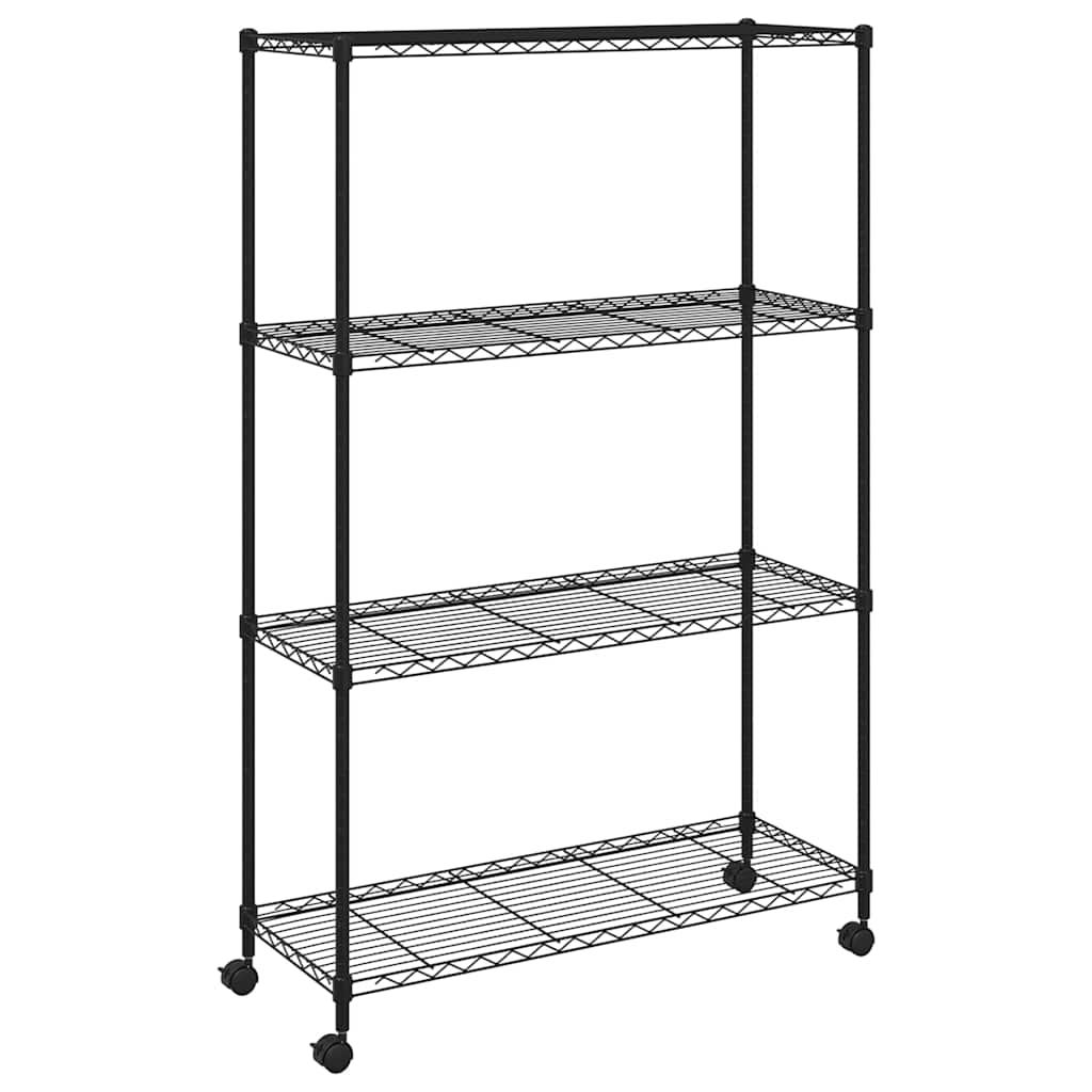 4 szintes fekete tárolópolc kerekekkel 90 x 35 x 142 cm 200 kg