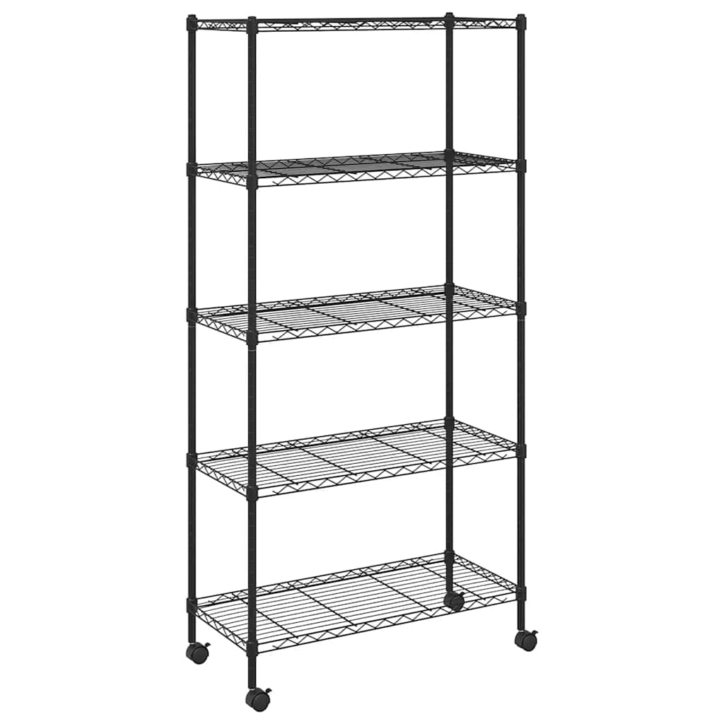 5 szintes fekete tárolópolc kerekekkel 75 x 35 x 155 cm 250 kg