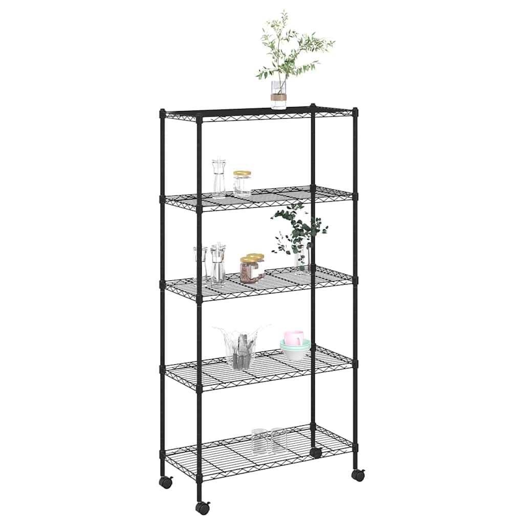5 szintes fekete tárolópolc kerekekkel 75 x 35 x 155 cm 250 kg