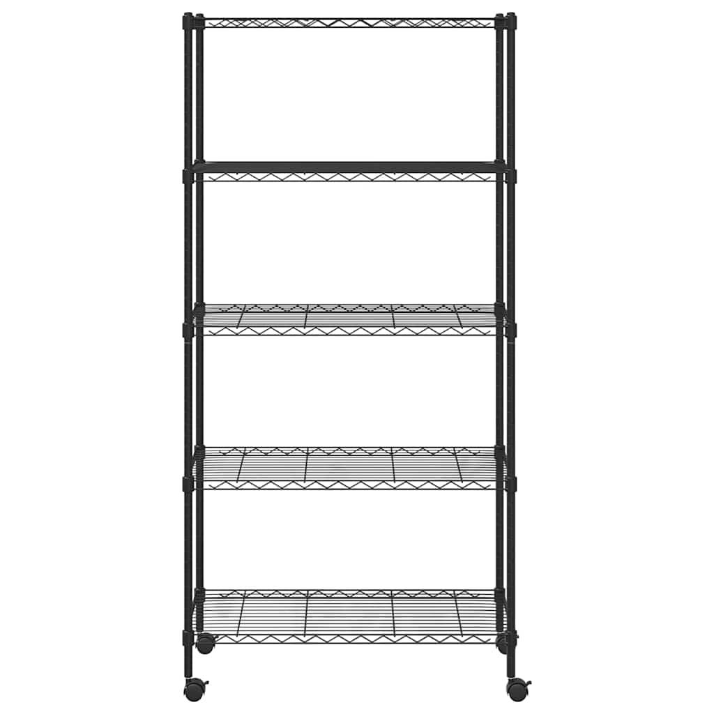 5 szintes fekete tárolópolc kerekekkel 75 x 35 x 155 cm 250 kg