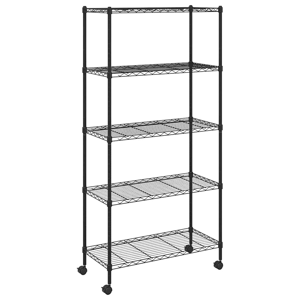 5 szintes fekete tárolópolc kerekekkel 75 x 35 x 155 cm 250 kg