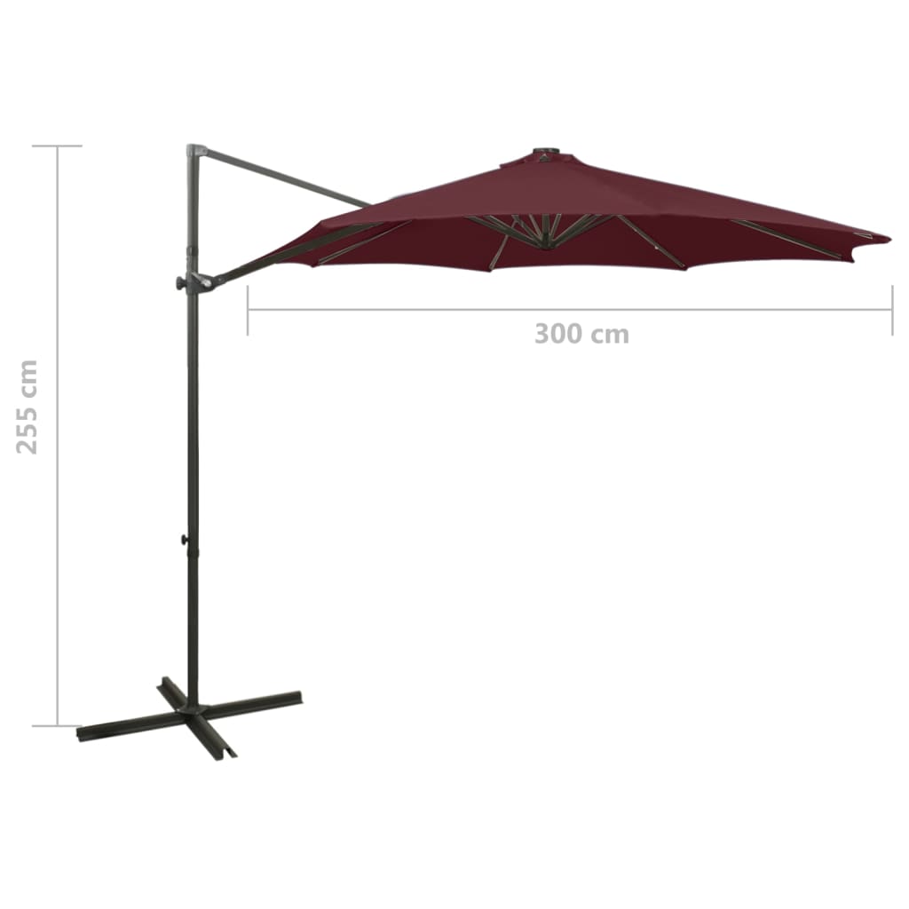 bordóvörös konzolos napernyő rúddal és LED-világítással 300 cm