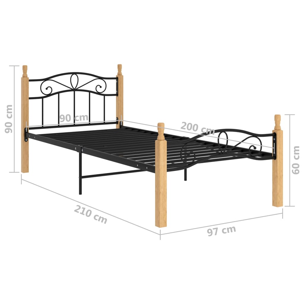 fekete fém és tömör tölgyfa ágykeret 90 x 200 cm