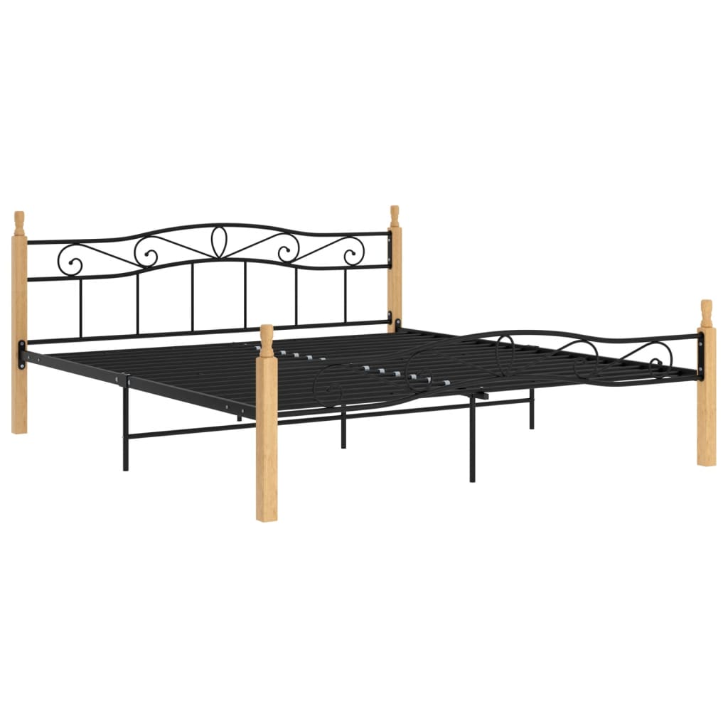 fekete fém és tömör tölgyfa ágykeret 200 x 200 cm