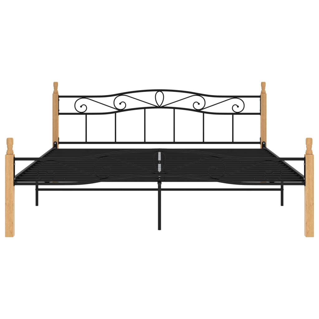 fekete fém és tömör tölgyfa ágykeret 200 x 200 cm