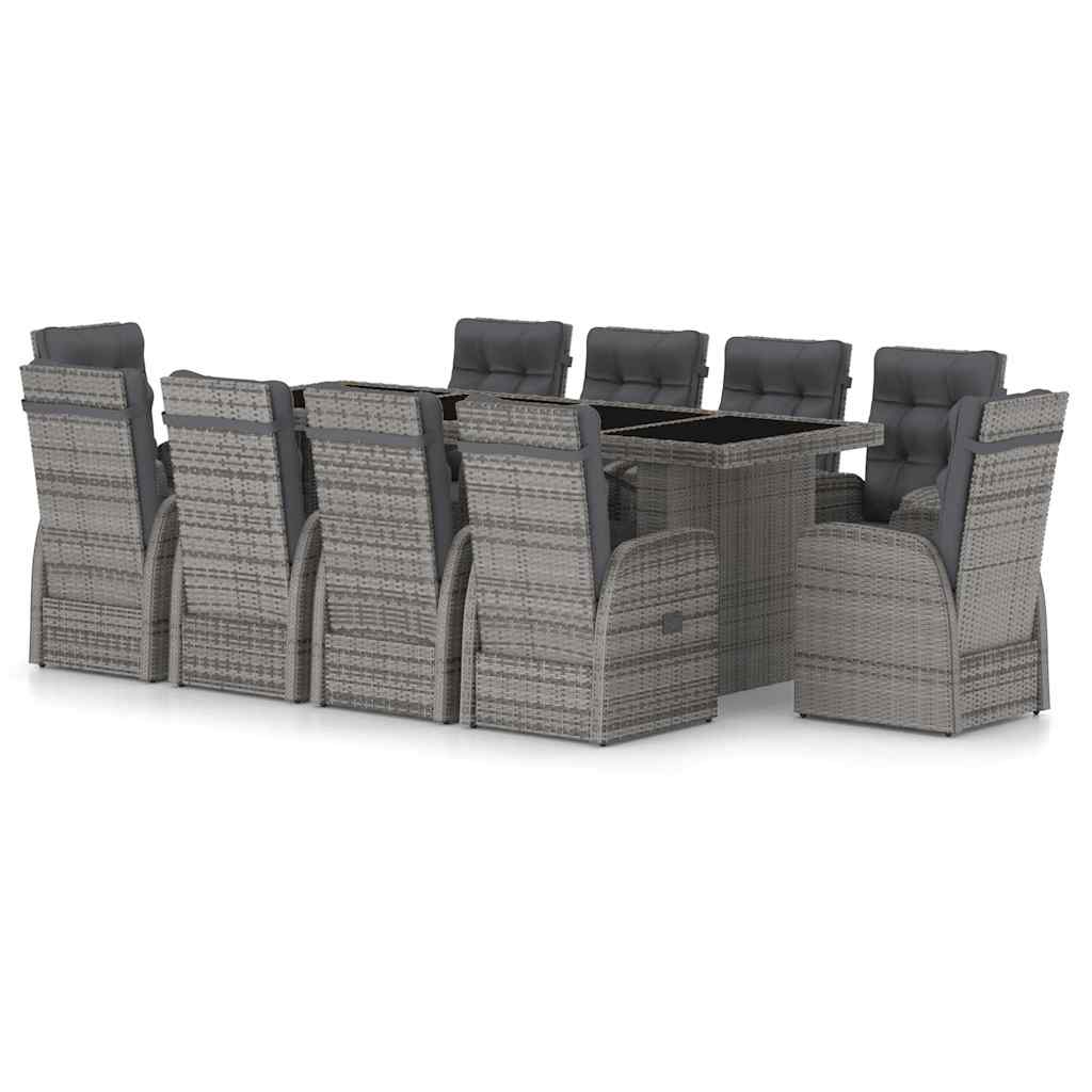 11 részes szürke polyrattan kültéri étkezőszett párnákkal