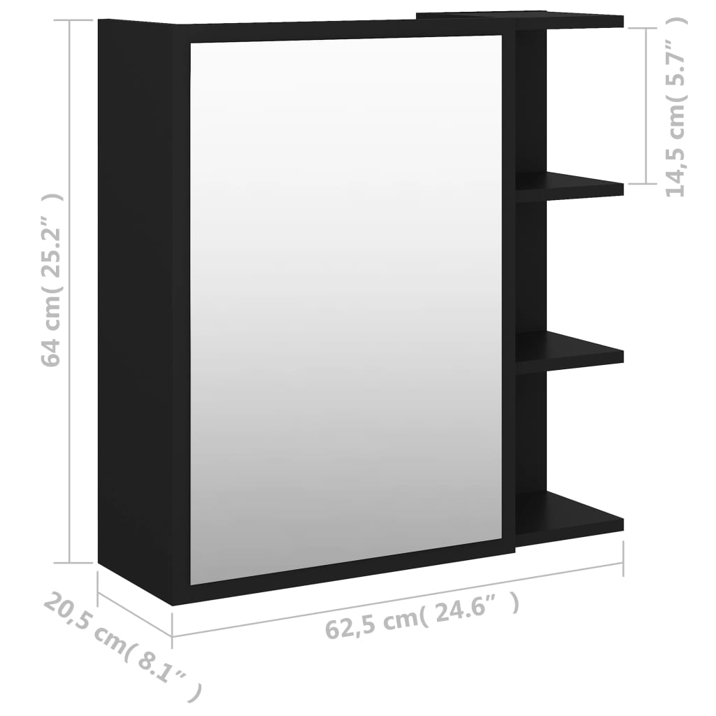 fekete szerelt fa tükrös fürdőszoba szekrény 62,5x20,5x64 cm