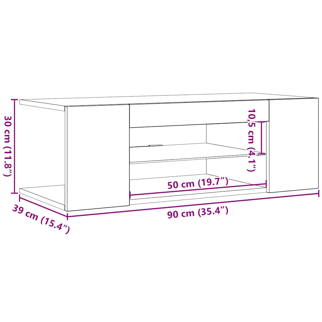 betonszürke TV-szekrény LED lámpákkal 90 x 39 x 30 cm