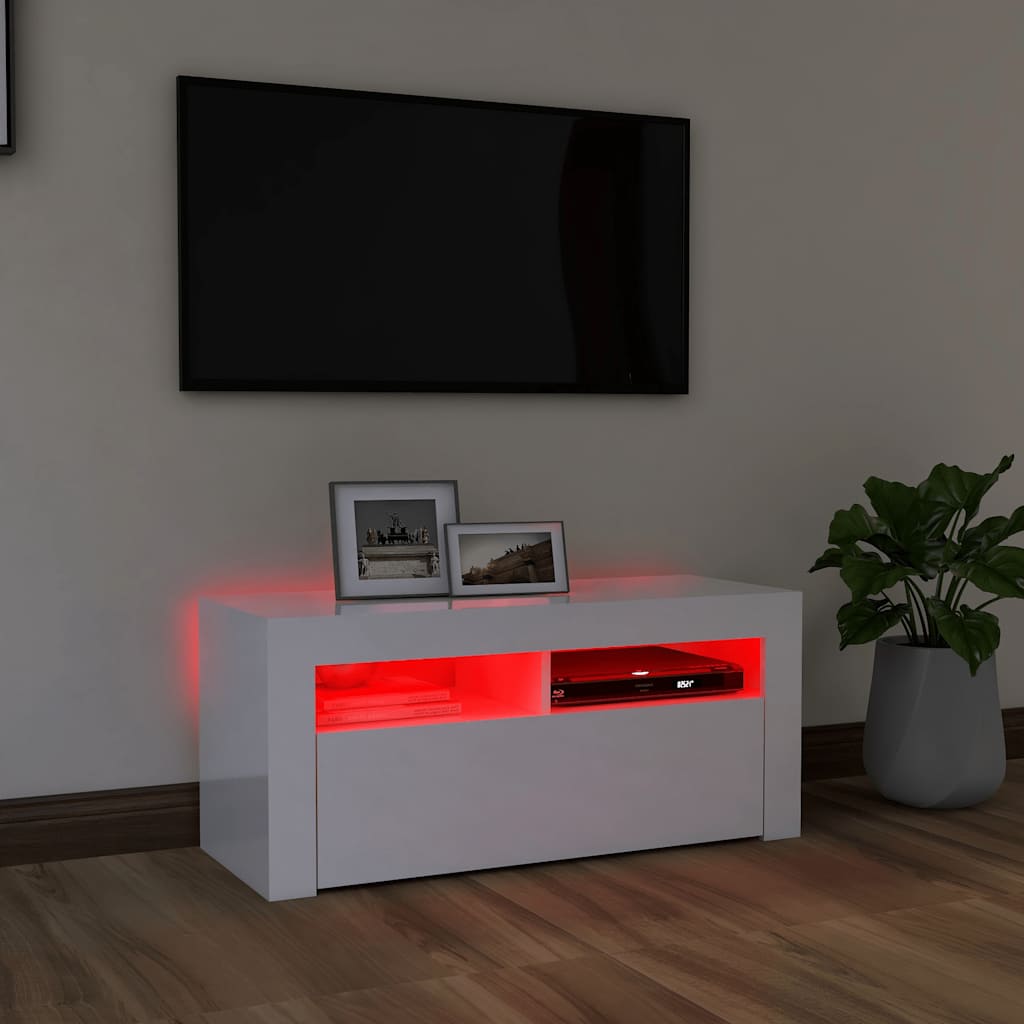 magasfényű fehér TV-szekrény LED lámpákkal 90x35x40 cm