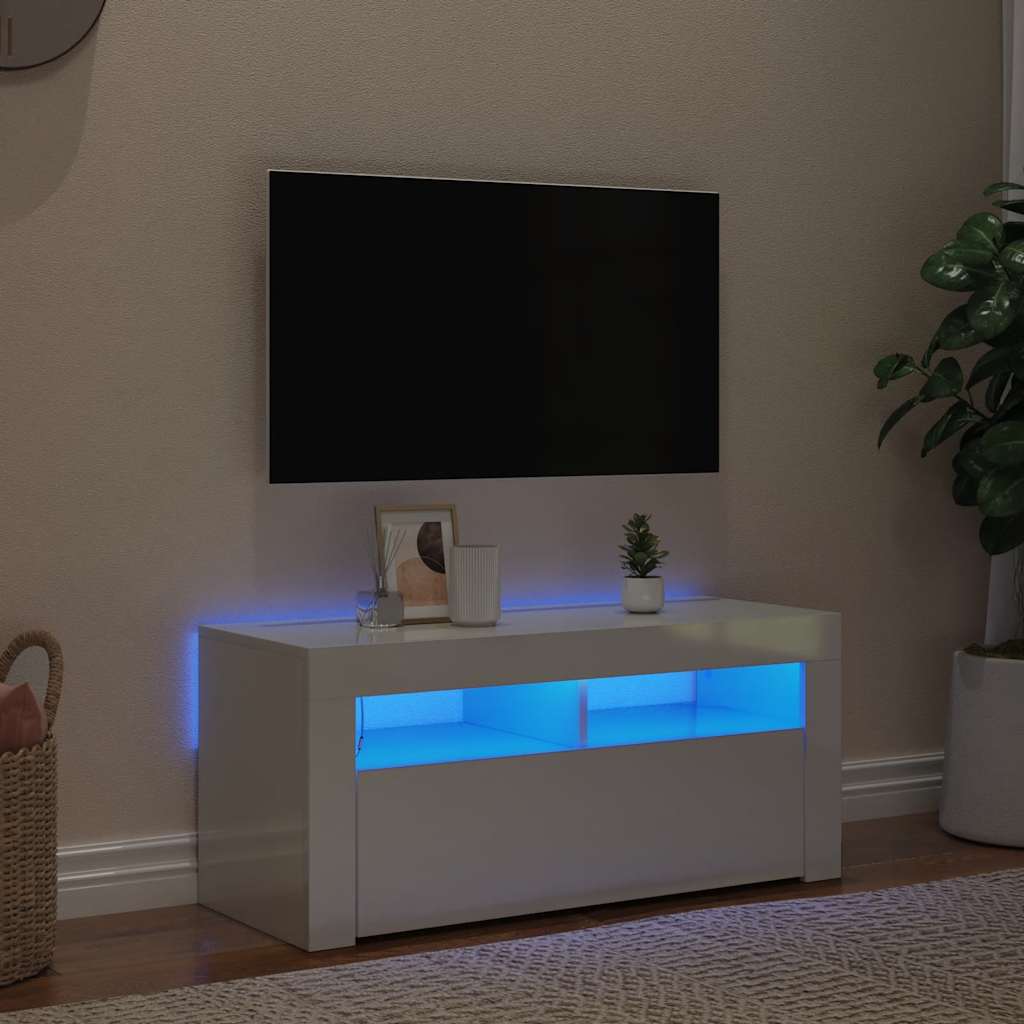 magasfényű fehér TV-szekrény LED lámpákkal 90x35x40 cm