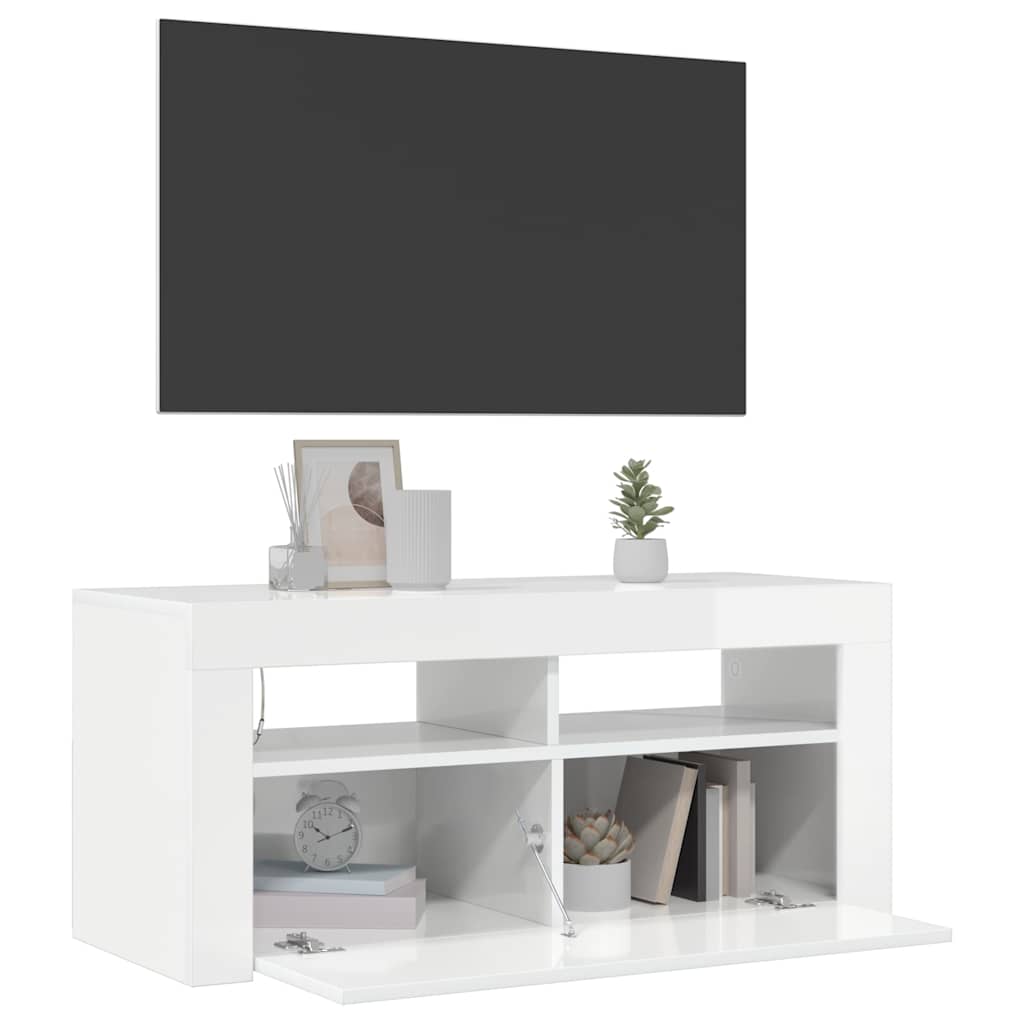 magasfényű fehér TV-szekrény LED lámpákkal 90x35x40 cm