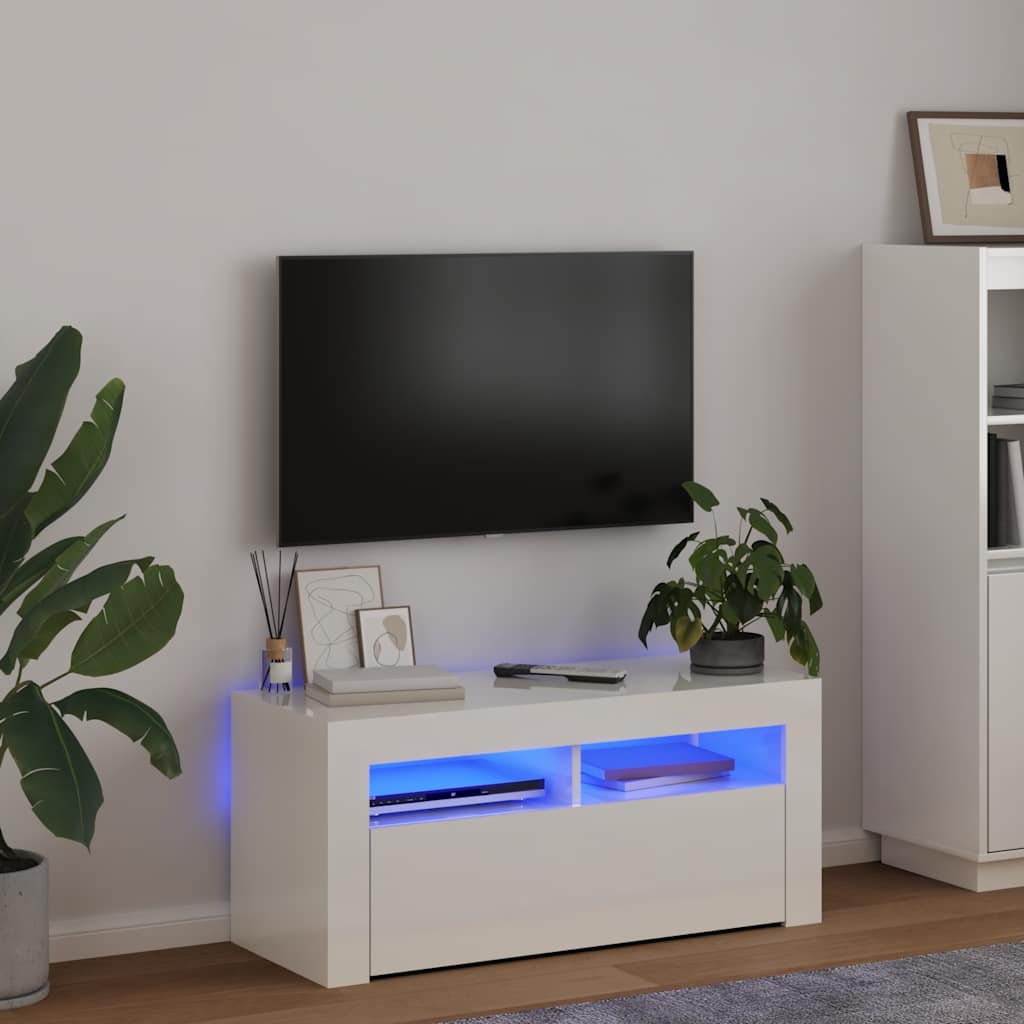 magasfényű fehér TV-szekrény LED lámpákkal 90x35x40 cm