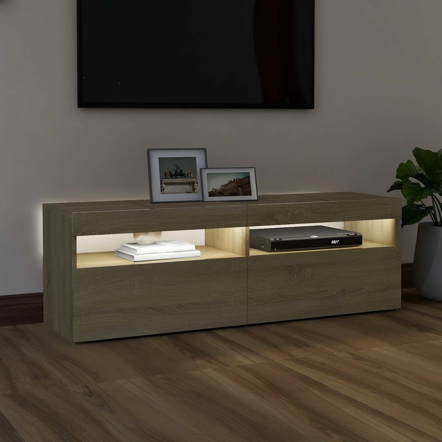 sonoma tölgy színű TV-szekrény LED-lámpákkal 120 x 35 x 40 cm