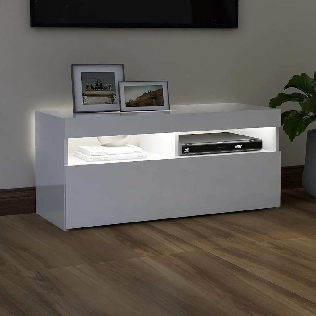 magasfényű fehér TV-szekrény LED lámpákkal 90x35x40 cm