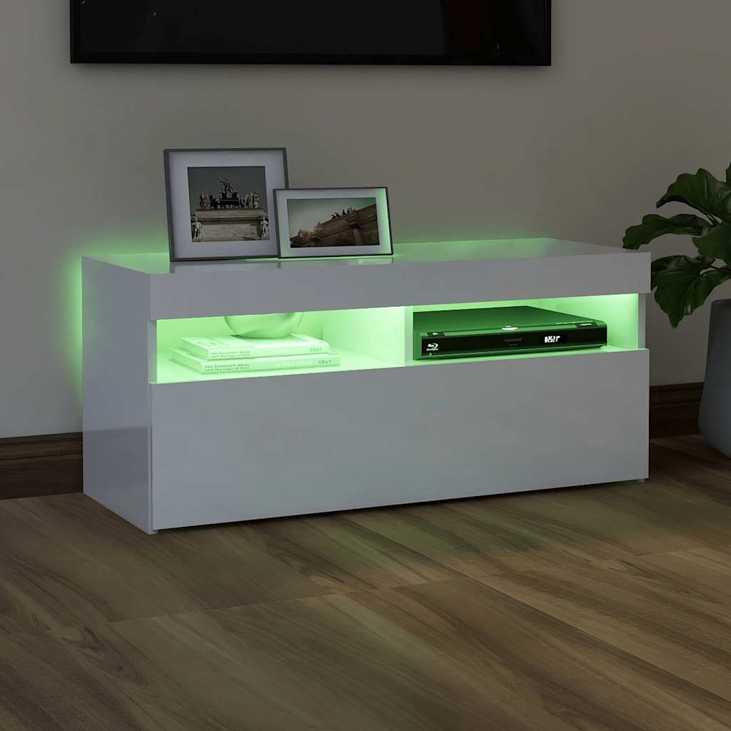 magasfényű fehér TV-szekrény LED lámpákkal 90x35x40 cm