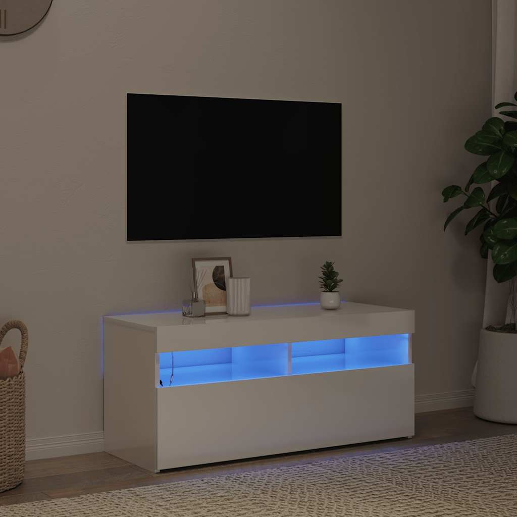 magasfényű fehér TV-szekrény LED lámpákkal 90x35x40 cm