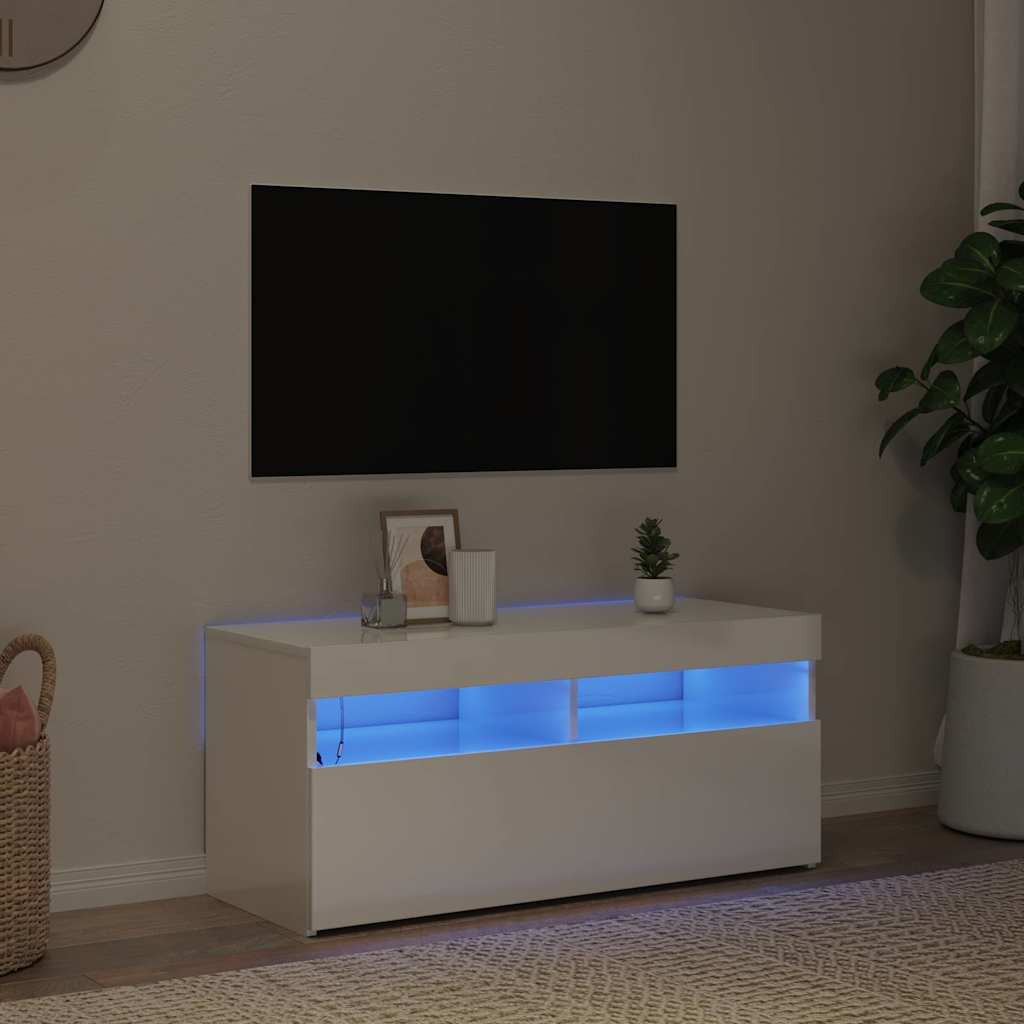 magasfényű fehér TV-szekrény LED lámpákkal 90x35x40 cm