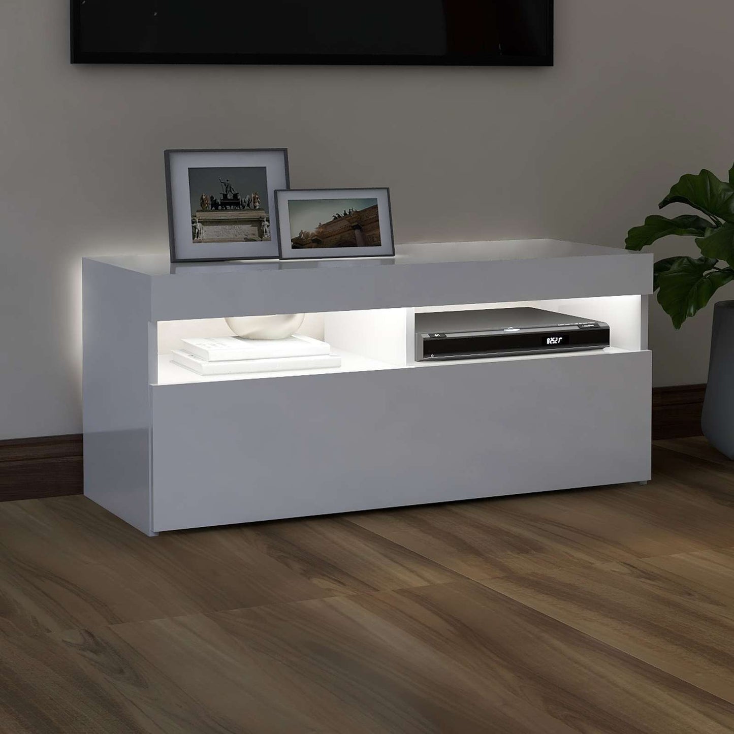 magasfényű fehér TV-szekrény LED lámpákkal 90x35x40 cm