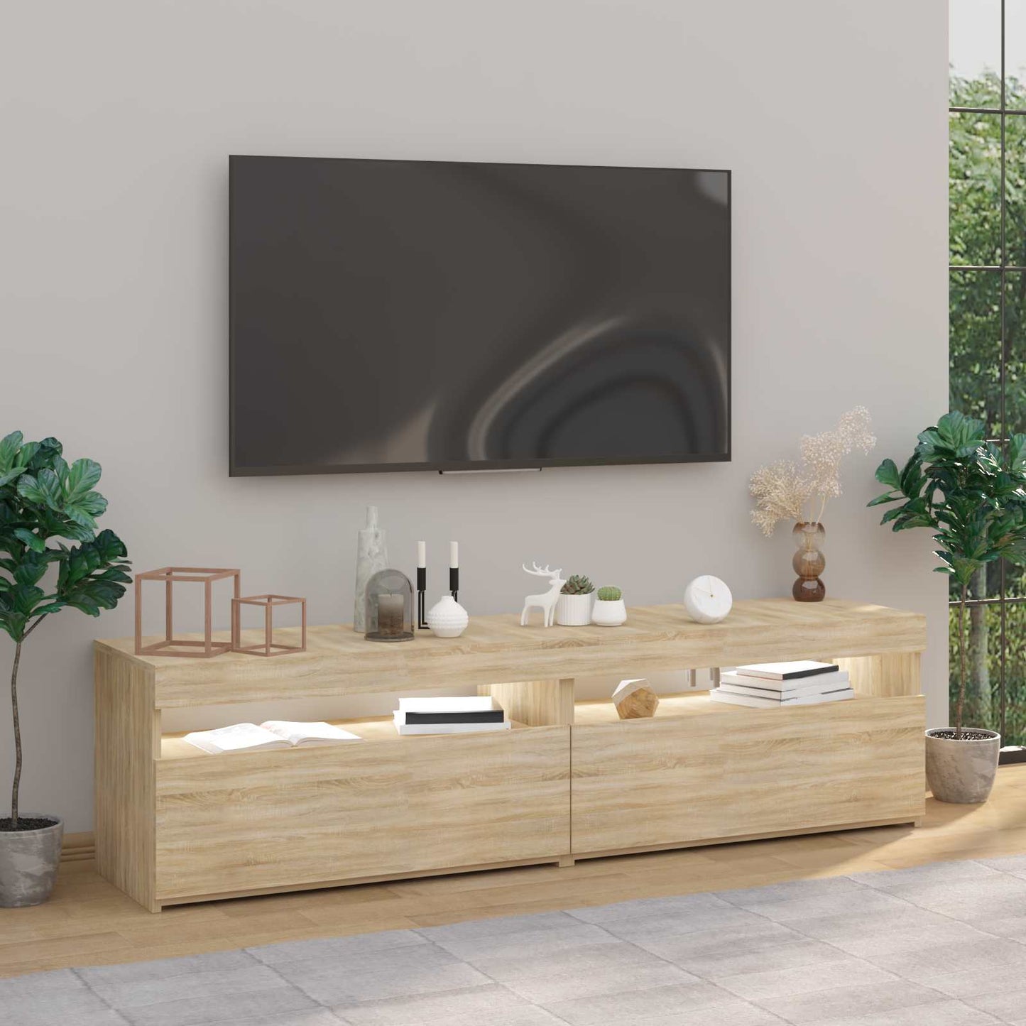 2 db sonoma tölgy színű TV-szekrény LED-ekkel 75 x 35 x 40 cm