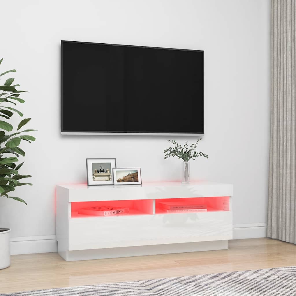 magasfényű fehér TV-szekrény LED-lámpákkal 100 x 35 x 40 cm