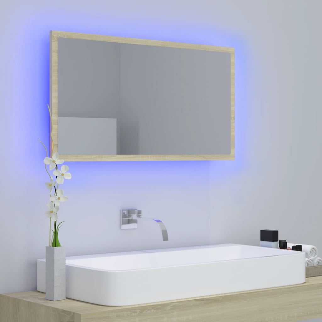 sonoma-tölgy akril LED-es fürdőszobai tükör 80x8,5x37 cm