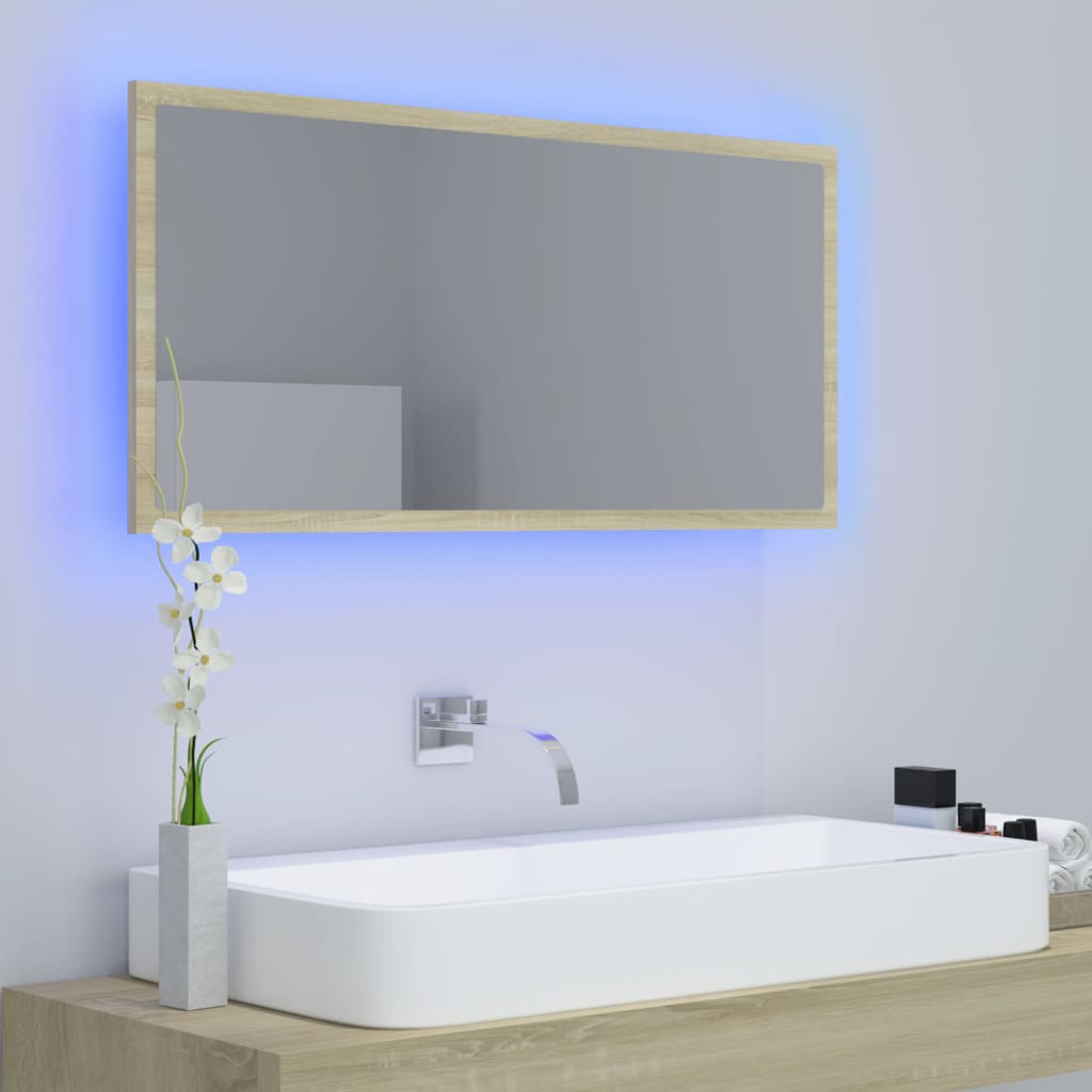 sonoma tölgy akril LED-es fürdőszobai tükör 90x8,5x37 cm