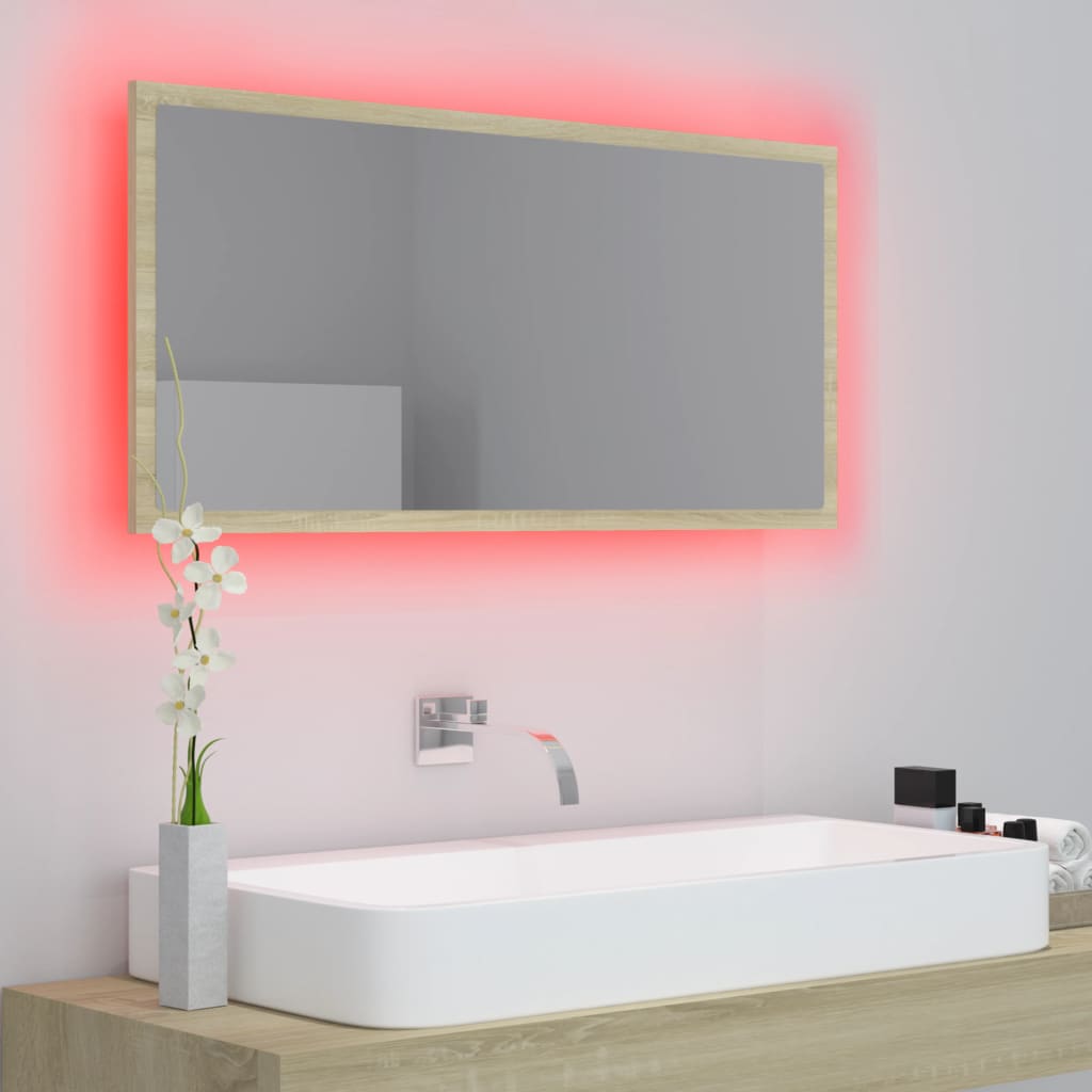 sonoma tölgy akril LED-es fürdőszobai tükör 90x8,5x37 cm