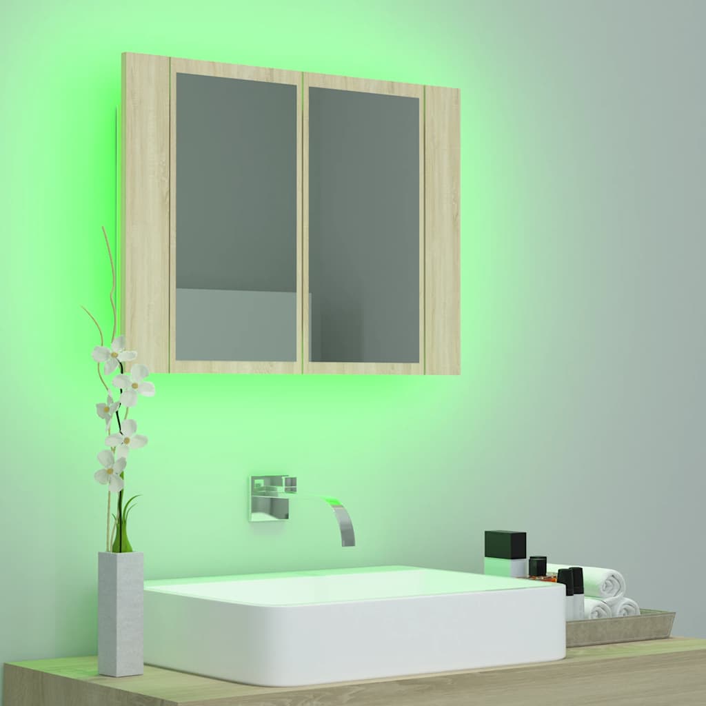 tölgyszínű akril LED-es tükrös fürdőszobaszekrény 60x12x45 cm