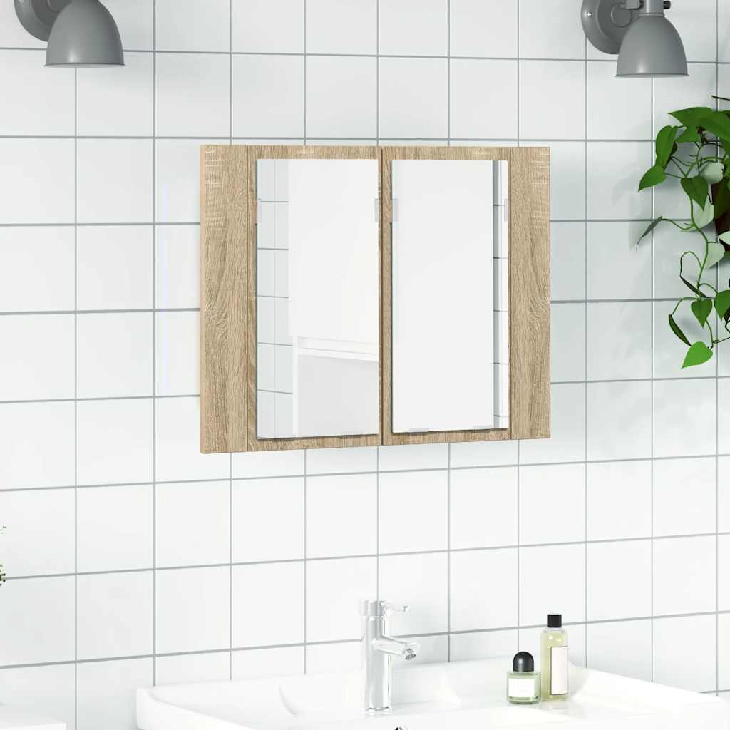 tölgyszínű akril LED-es tükrös fürdőszobaszekrény 60x12x45 cm