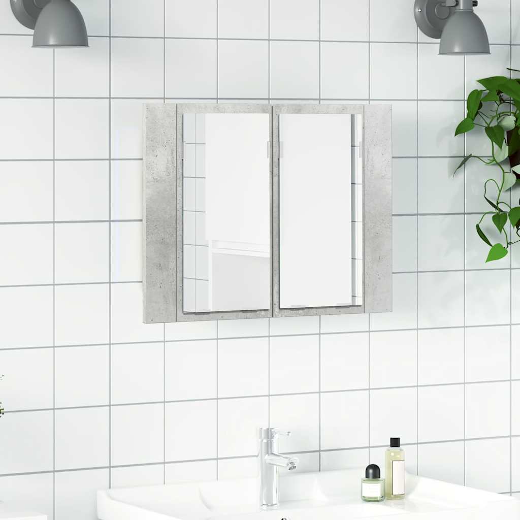 betonszürke akril LED-es tükrös fürdőszobaszekrény 60x12x45 cm