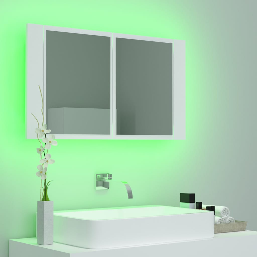 fehér akril LED-es fürdőszobaszekrény tükörrel 80x12x45 cm
