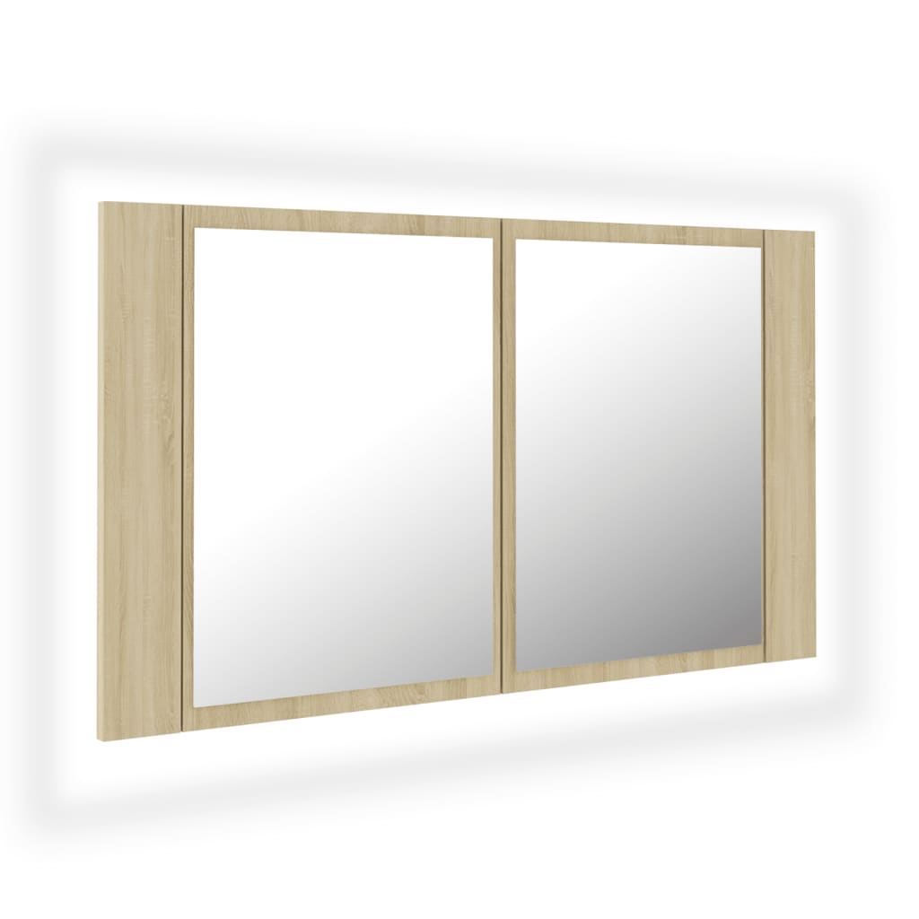 tölgyszínű akril LED-es tükrös fürdőszobaszekrény 80x12x45 cm