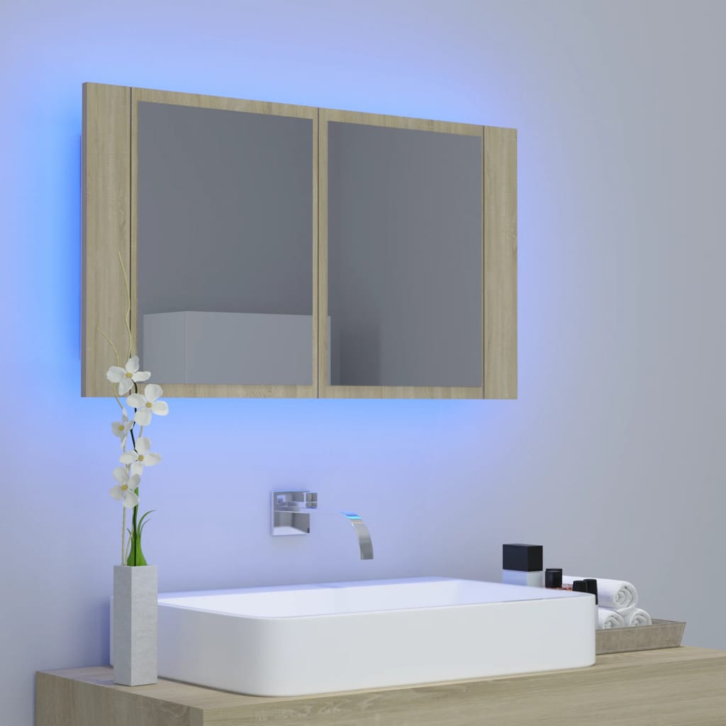 tölgyszínű akril LED-es tükrös fürdőszobaszekrény 80x12x45 cm