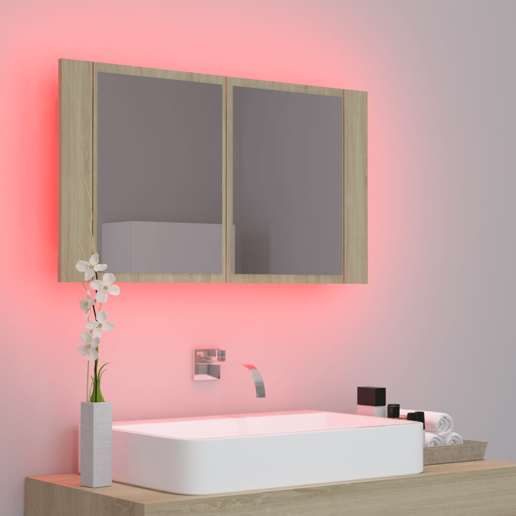 tölgyszínű akril LED-es tükrös fürdőszobaszekrény 80x12x45 cm