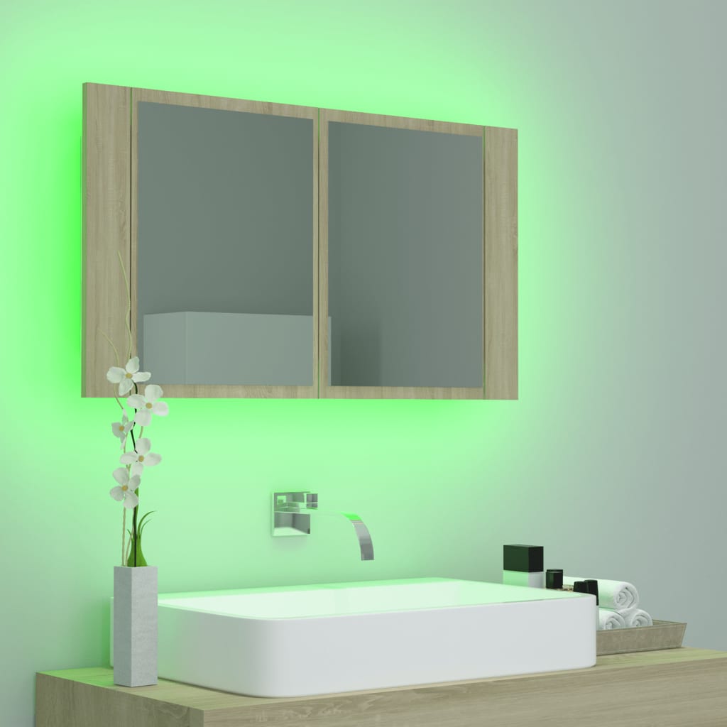 tölgyszínű akril LED-es tükrös fürdőszobaszekrény 80x12x45 cm