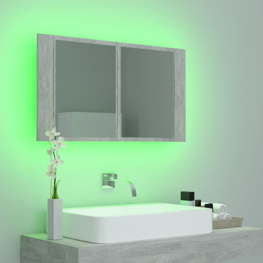 betonszürke akril LED-es tükrös fürdőszobaszekrény 80x12x45 cm